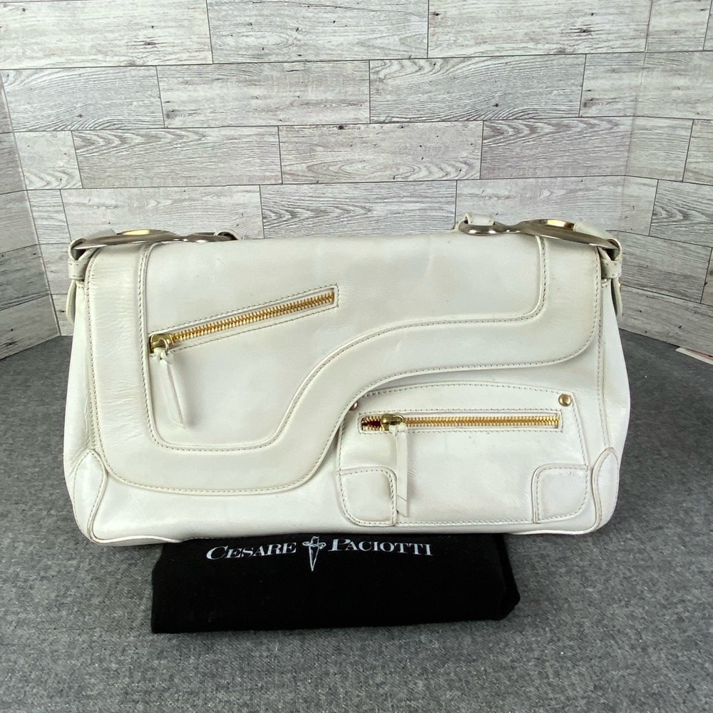 Cesare Paciotti White Shoulder Bag with Gold Accents and dust bag